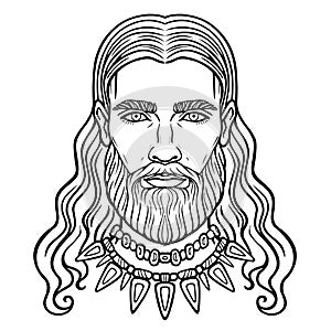 Animation portrait of the bearded man with long hair in an ancient