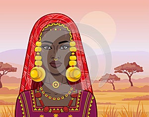 Animation portrait of the beautiful African girl in ancient clothes. Savanna princess.