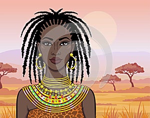 Animation portrait of the beautiful African girl in ancient clothes. Savanna princess.