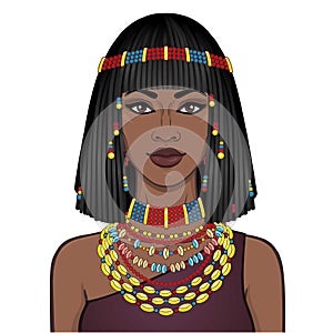 Animation portrait of the beautiful African woman in ancient jewelry and Afro-hair.