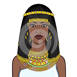 Animation portrait of the beautiful African woman in ancient jewelry and Afro-hair.