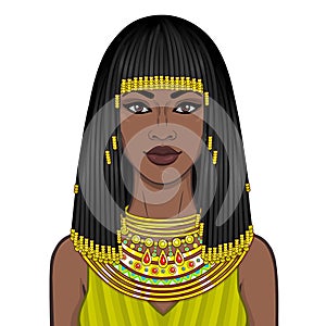 Animation portrait of the beautiful African woman in ancient jewelry and Afro-hair.