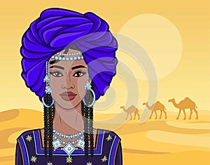 Animation portrait of the beautiful African woman in a turban and ancient clothes.