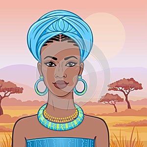 Animation portrait of the beautiful African woman in a turban. Savanna princess, Amazon, nomad.