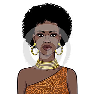 Animation portrait of the beautiful African womanin a dress animal pattern and gold jewelry. Color drawing. Vector illustration is