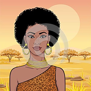 Animation portrait of the beautiful African womanin a dress animal pattern and gold jewelry. Color drawing. Vector illustration is