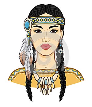 Animation portrait of a beautiful American Indian woman in ancient head dress