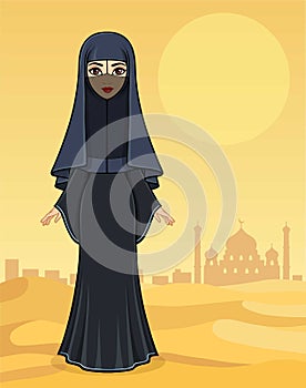 Animation portrait of the beautiful Arab woman in ancient clothes.