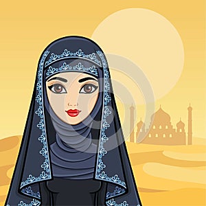Animation portrait of the beautiful Arab woman in ancient clothes.