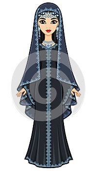 Animation portrait of the beautiful Arab woman in ancient suit: long dress, veil.