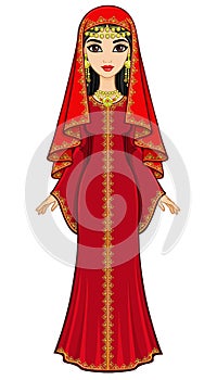 Animation portrait of the beautiful Arab woman in ancient suit: long dress, veil.