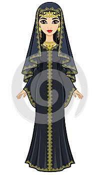 Animation portrait of the beautiful Arab woman in ancient suit: long dress, veil.