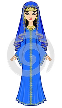 Animation portrait of the beautiful Arab woman in ancient suit: long dress, veil.