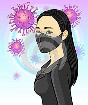 Animation portrait of beautiful Asian woman In protective mask.