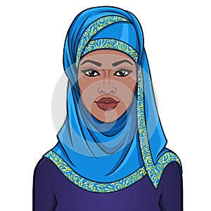 Animation portrait of the beautiful black woman in a blue scarf.