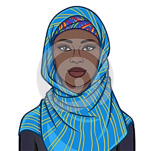 Animation portrait of the beautiful black woman in a blue scarf.