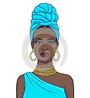 Animation portrait of the beautiful  black woman in a blue turban and gold jewelry.