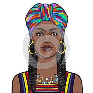 Animation portrait of the beautiful black woman in a bright turban and Afro-hair.