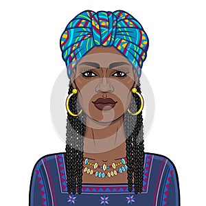 Animation portrait of the beautiful black woman in a bright turban and Afro-hair.