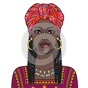 Animation portrait of the beautiful black woman in a bright turban and Afro-hair.