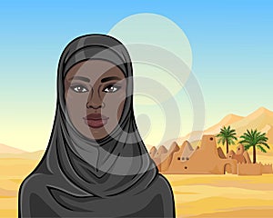 Animation portrait of the beautiful black woman in a hijab.