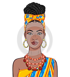 Animation portrait of the beautiful  black woman in a orange turban and ethnic jewelry.