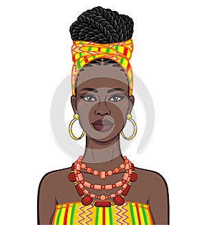 Animation portrait of the beautiful  black woman in a orange turban and ethnic jewelry.