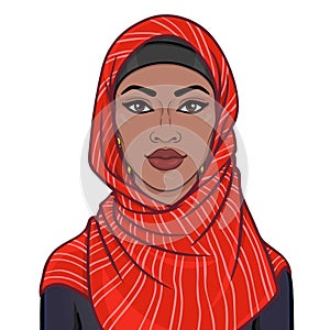 Animation portrait of the beautiful black woman in a red scarf.