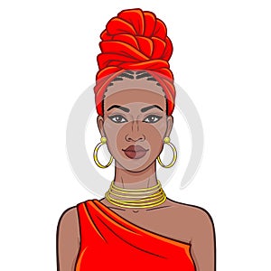 Animation portrait of the beautiful  black woman in a red turban and gold jewelry.