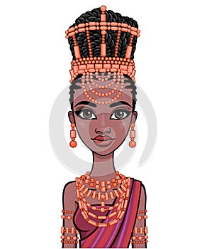 Animation portrait of the beautiful  black woman in a traditional ethnic jewelry.