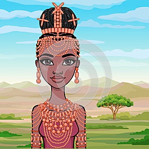 Animation portrait of the beautiful black woman in a traditional ethnic jewelry. Princess, Bride, Goddess.