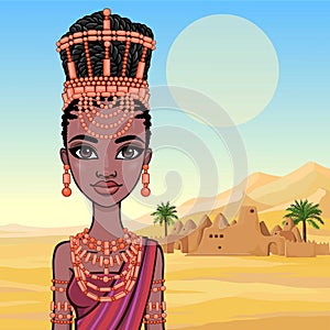 Animation portrait of beautiful black woman in a traditional ethnic jewelry. Princess, Bride, Goddess.