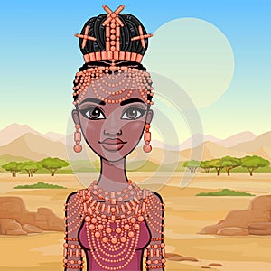 Animation portrait of the beautiful black woman in a traditional ethnic jewelry. Princess, Bride, Goddess.