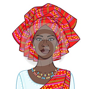 Animation portrait of the beautiful  black woman in a turban and ethnic jewelry.