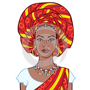 Animation portrait of the beautiful  black woman in a turban and ethnic jewelry.