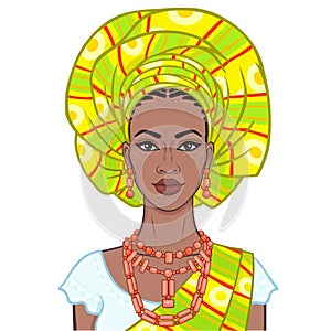 Animation portrait of the beautiful  black woman in a turban and ethnic jewelry.