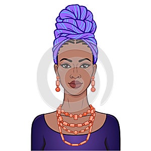 Animation portrait of the beautiful  black woman in a turban and ethnic jewelry.