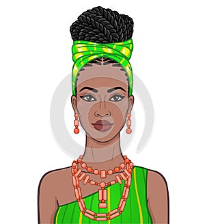 Animation portrait of the beautiful  black woman in a turban and ethnic jewelry.