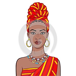 Animation portrait of the beautiful  black woman in a turban and ethnic jewelry.