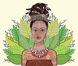 Animation portrait of the beautiful black woman, wreath of tropical leaves.