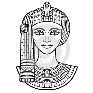 Animation portrait of beautiful Egyptian woman in ancient hairstyle. Goddess, princess, queen.