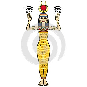 Animation portrait of beautiful Egyptian woman in ancient hairstyle, with horns and a of disk on her head. Goddess Isis.Animation