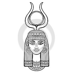 Animation portrait of beautiful Egyptian woman in ancient hairstyle, with horns and a disk of sun on the head. Goddess Isis.
