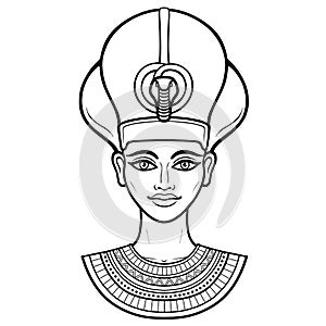 Animation portrait of beautiful Egyptian woman in the military crown. Goddess, princess, queen.