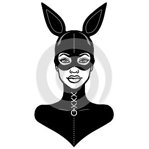 Animation portrait of the beautiful girl in a black latex suit and mask rabbit.