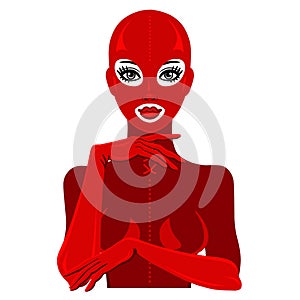 Animation portrait of the beautiful girl in a red latex suit and mask.