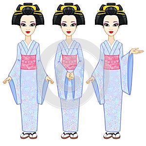 Animation portrait the beautiful Japanese girl in three different poses. Geisha, Maiko, Princess. Full growth.