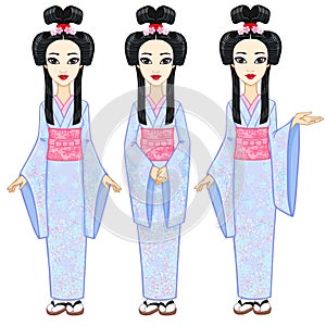 Animation portrait the beautiful Japanese girl in three different poses. Geisha, Maiko, Princess. Full growth.