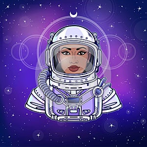 Animation portrait of the black woman astronaut in a space suit.