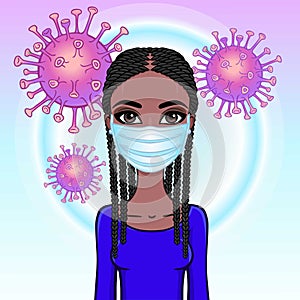 Animation portrait of black woman in white medical face mask.
